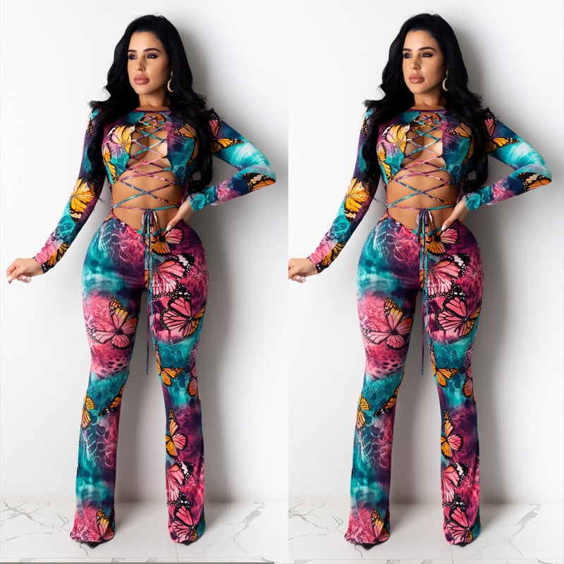 Butterfly Printed Hollow Out Lace Up Jumpsuits