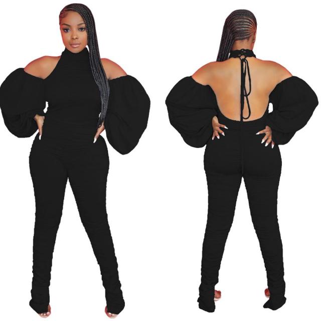Sexy Halter Puff Long Sleeve Jumpsuit
